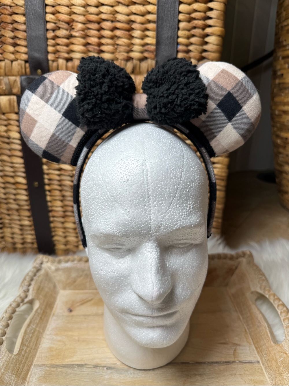 Black & Tan flannel mouse ears with faux fur Bow